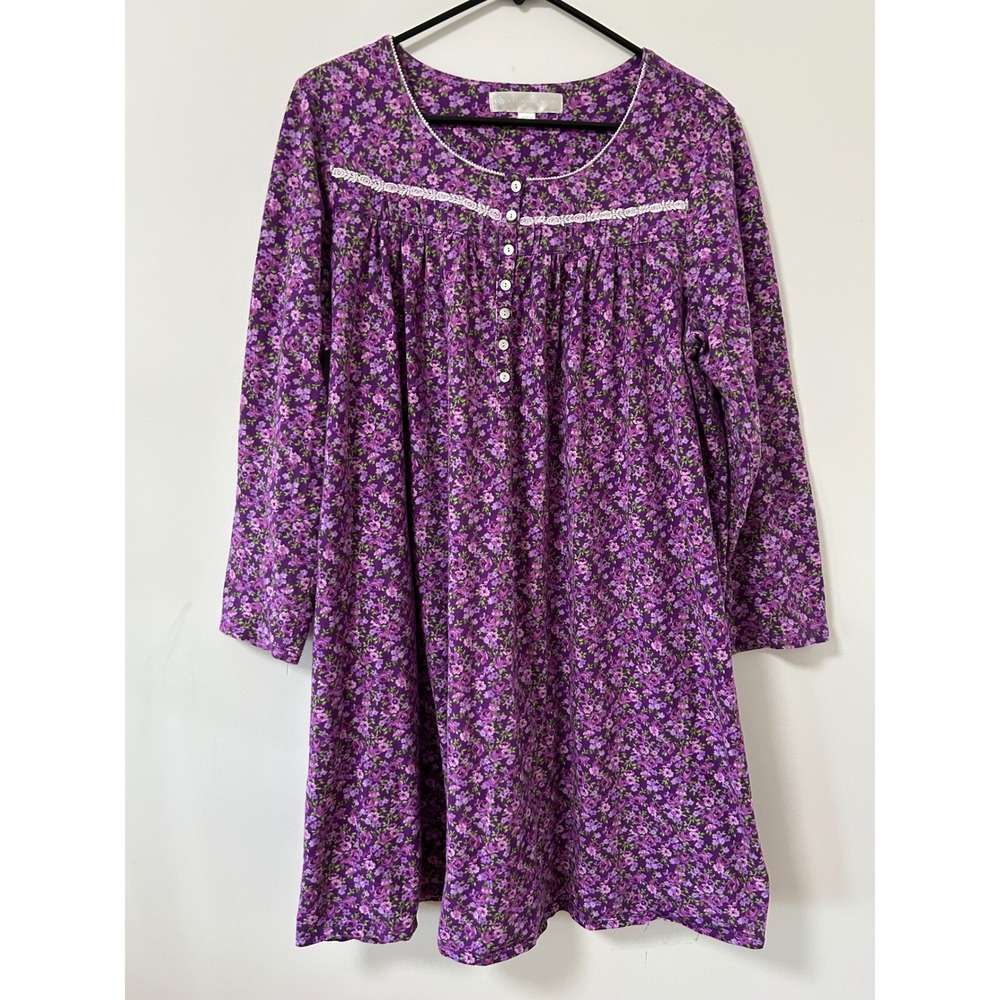 Eileen West Purple Floral Cotton Nightgown‎ Long Sleeve Lace Trim Womens Large